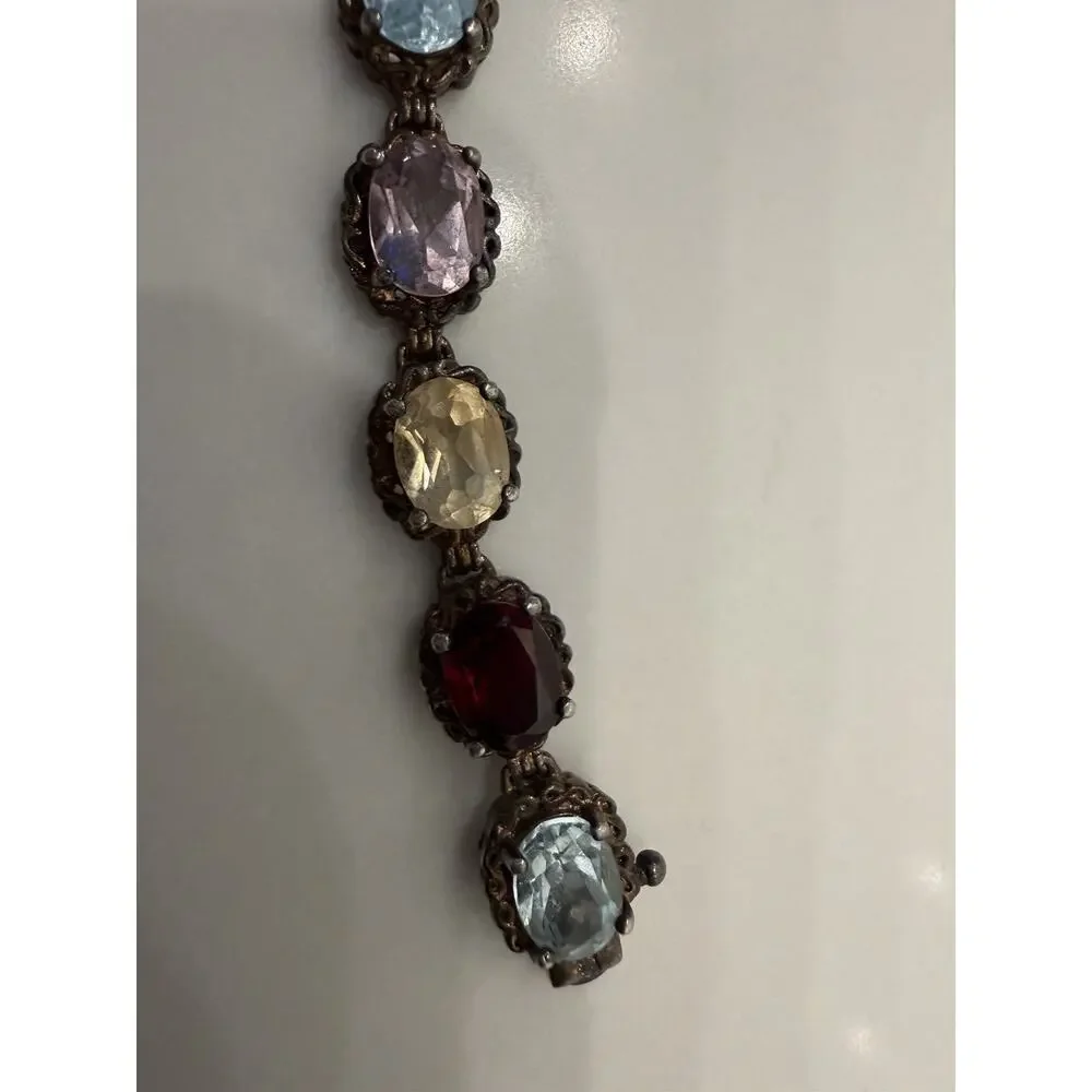 925 Thailand Sterling Silver Multi Color Gemstone Tennis Bracelet Vintage 8” 18g